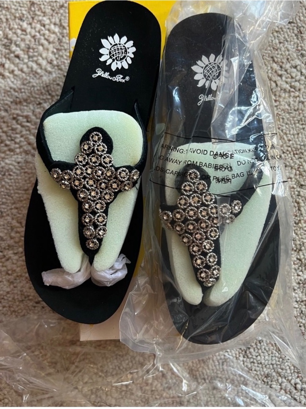 NEW:  Yellow Box Black Embellished T-Strap Sandals - Picture 3 of 7